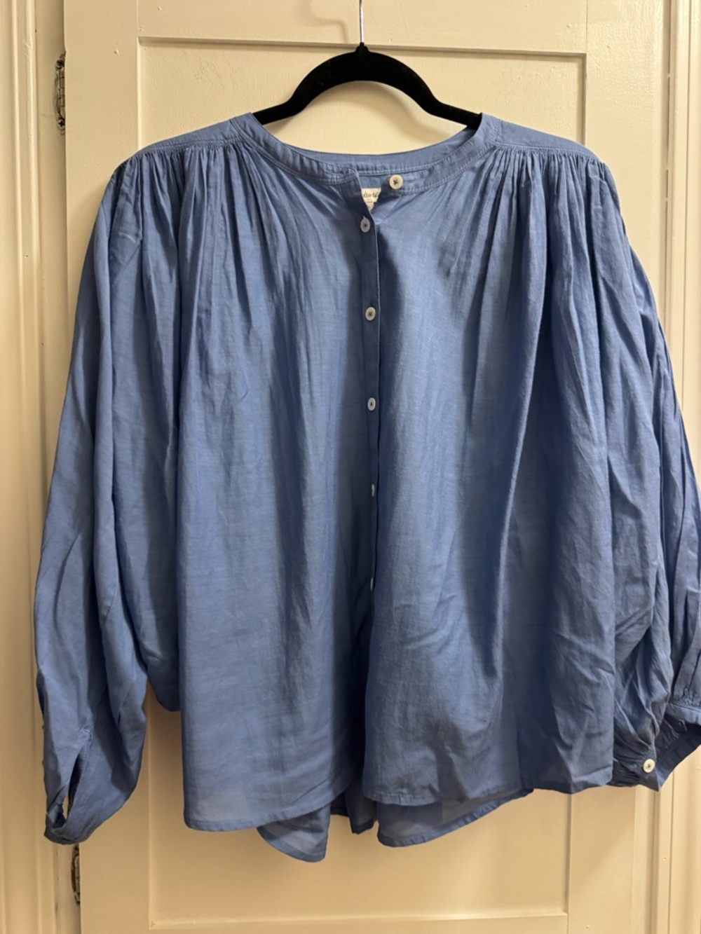 Light Blue Button-Front Peasant Blouse